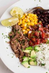 Overhead shot of homemade carnitas burrito bowl.