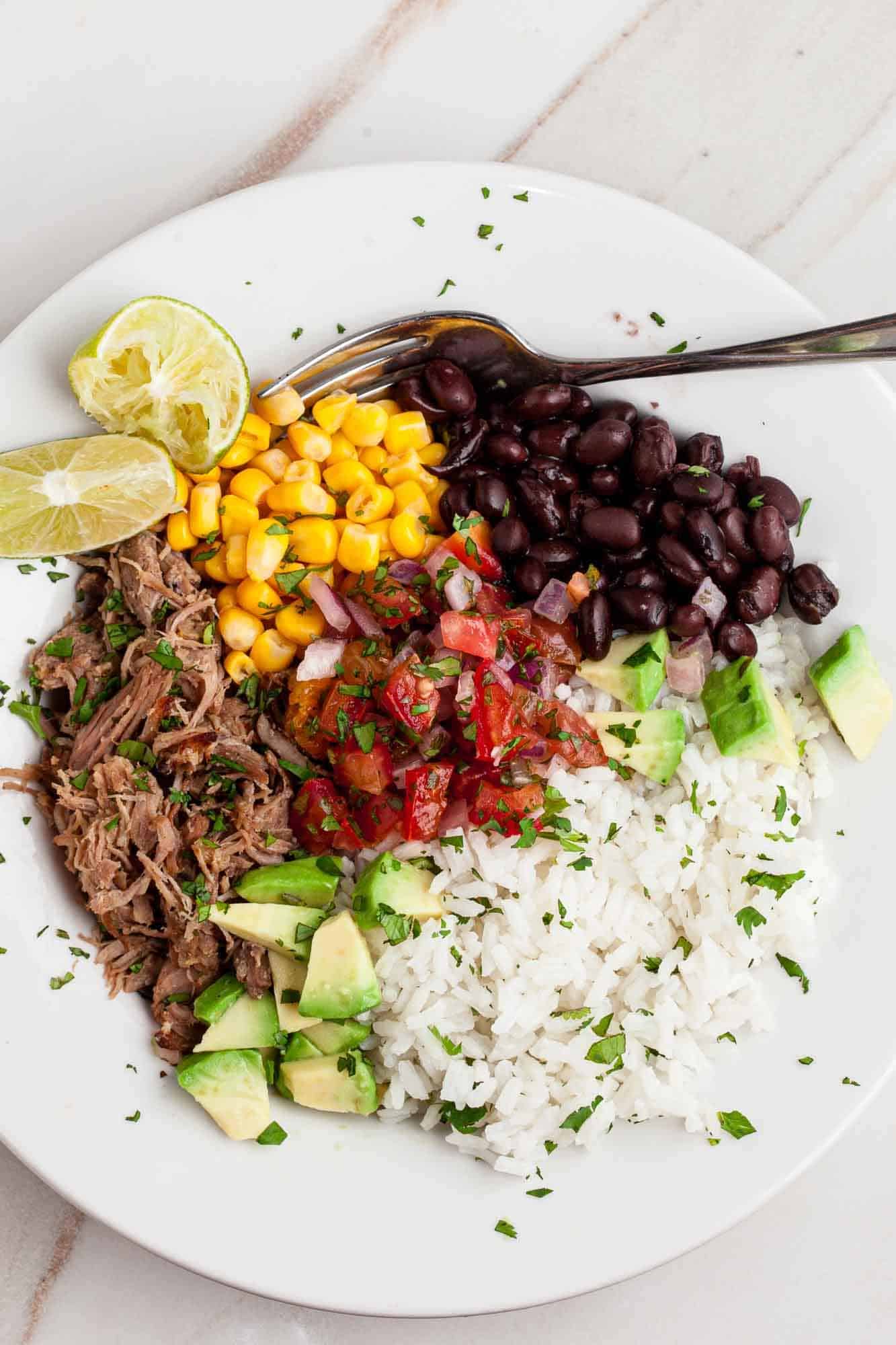 Overhead shot of homemade carnitas burrito bowl.