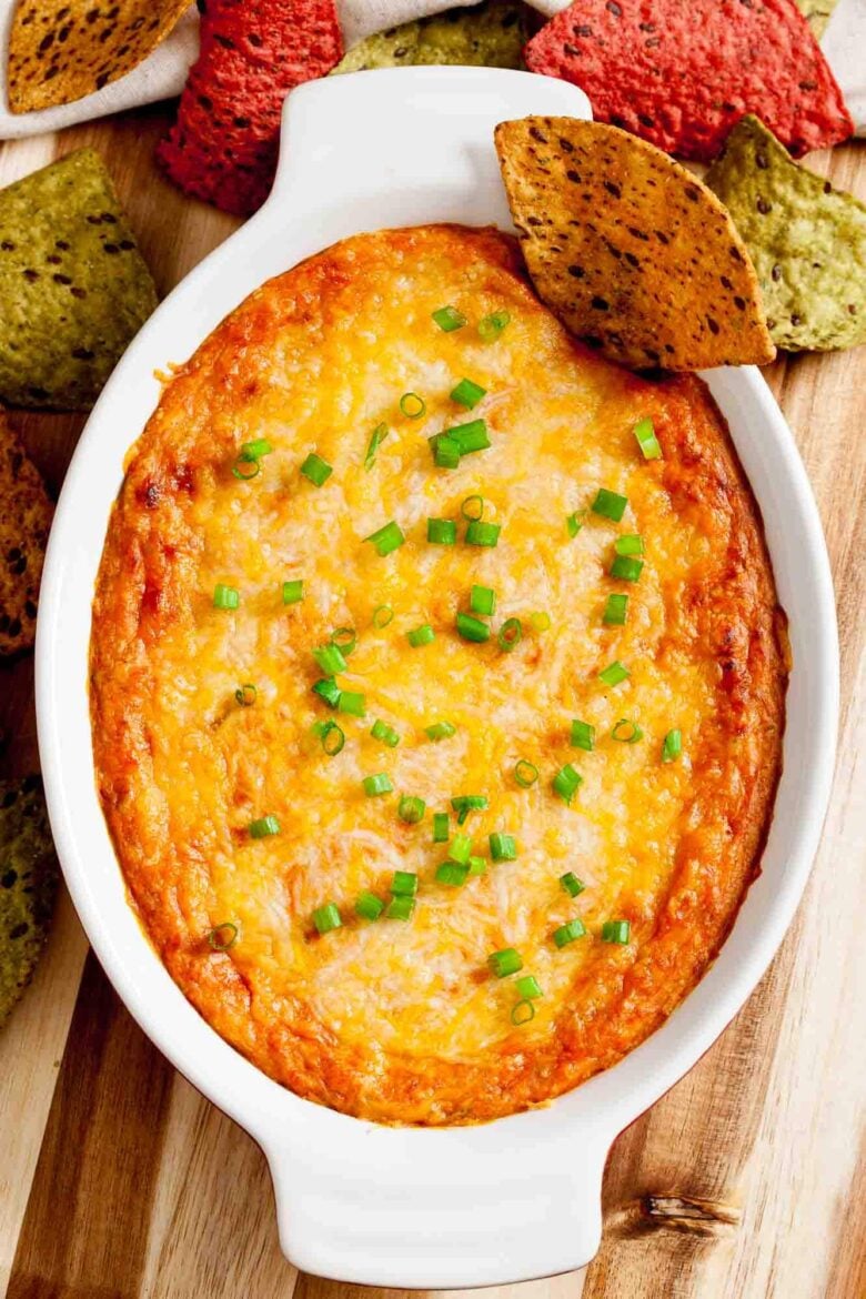 Overhead shot of a casserole with freshly made Mexican bean dip, ready to eat.
