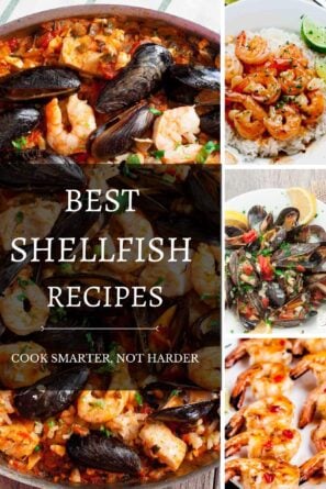 shellfish recipes collection including shrimp, clams, and mussels.