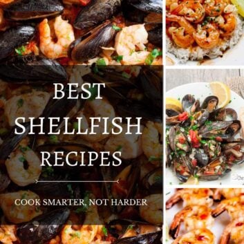 shellfish recipes collection including shrimp, clams, and mussels.