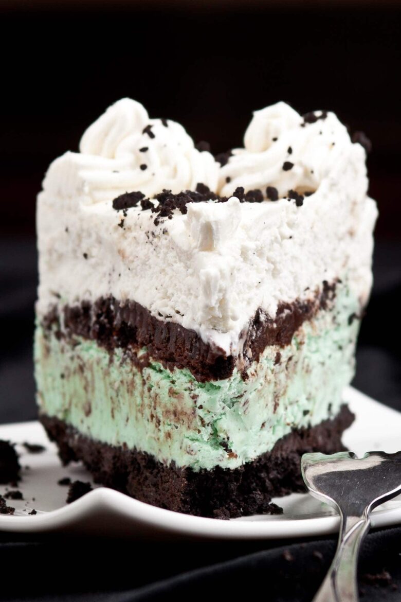 Closeup shot of a slice of mint chocolate chip ice cream cake.