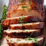 Sliced tender smoked pork loin garnished with fresh rosemary on a white plate.