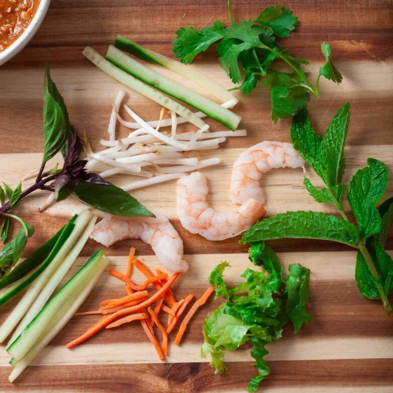 Overhead shot of ingredients to make vietnamese spring rolls.