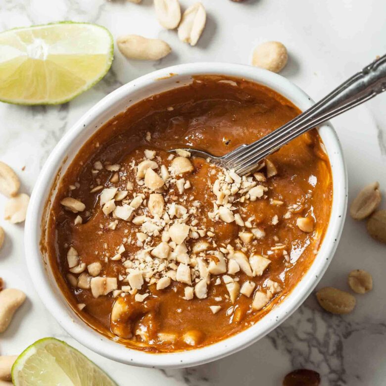 Overhead shot of Vietnamese spring rolls dipping sauce in a bowl.