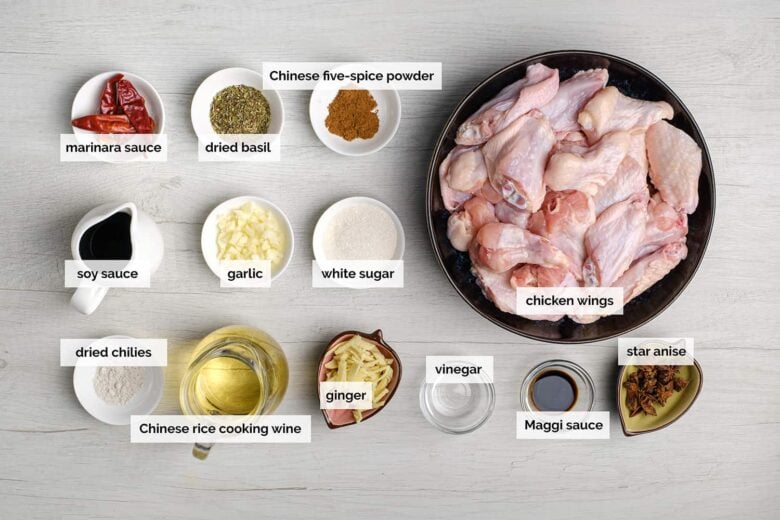 Overhead shot of ingredients to make Asian chicken wings at home.