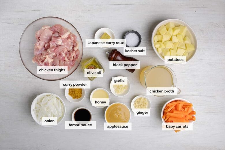 Overhead shot of ingredients to make Japanese chicken curry at home.
