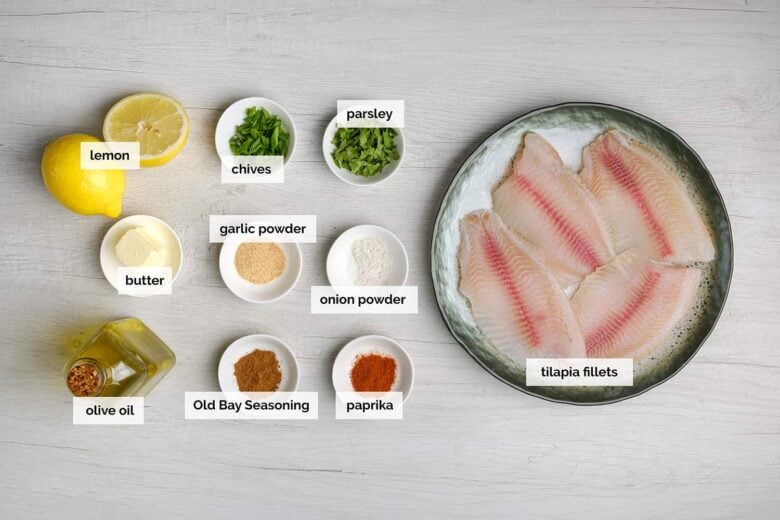 Overhead shot of ingredients to make pan seared tilapia.