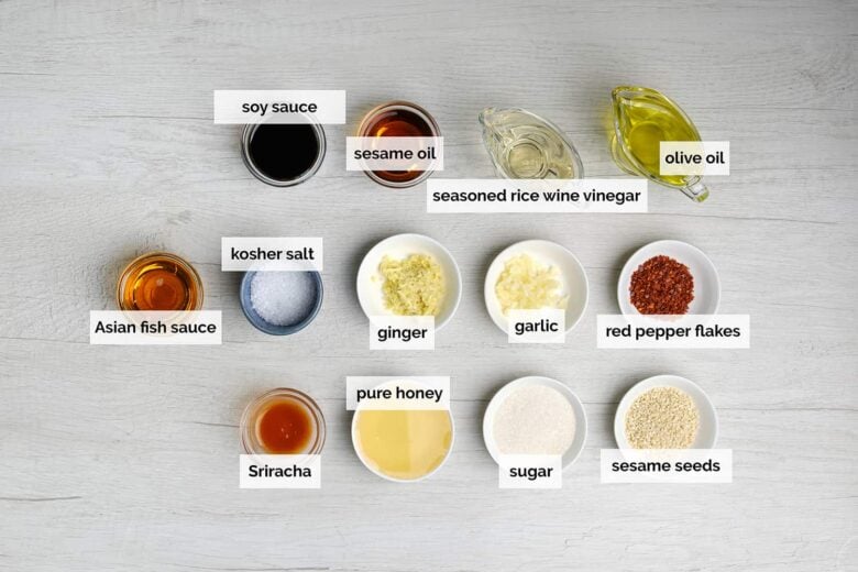 Overhead shot of ingredients to make Vietnamese chicken salad recipe at home.