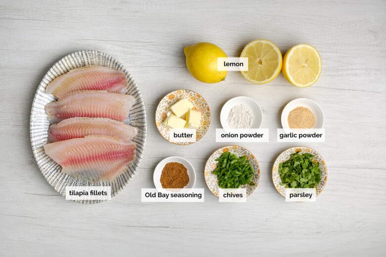 Overhead shot of ingredients to make air fryer tilapia at home.