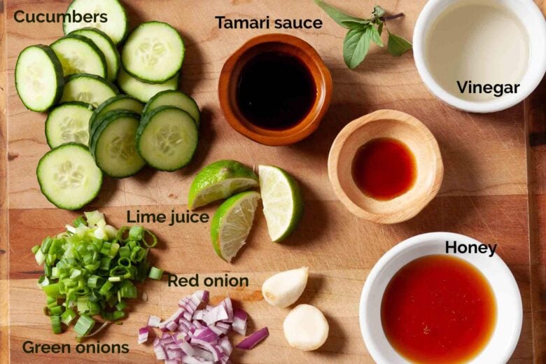 Overhead shot of ingredients to make Asian cucumber salad at home.
