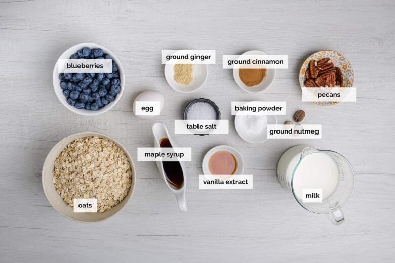 Overhead shot of ingredients to make baked blueberry oatmeal.