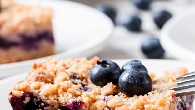 A square slice of blueberry crumb bar, reminiscent of blueberry pie dessert, is topped with two fresh blueberries on a white plate, a fork to the side and more blueberries in the background.