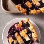 Overhead shot of blueberry pie with homemade blueberry pie filling.