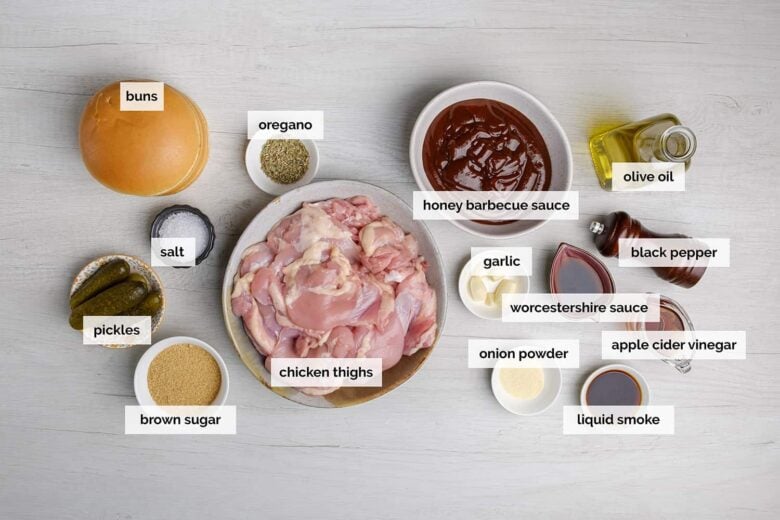 Overhead shot of ingredients to make BBQ pulled chicken at home.