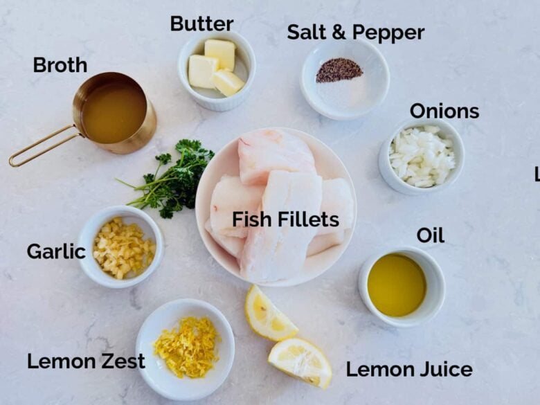 Overhead shot of ingredients to make pan seared rockfish at home.