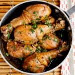 Overhead shot of a pan with homemade Chinese braised chicken.