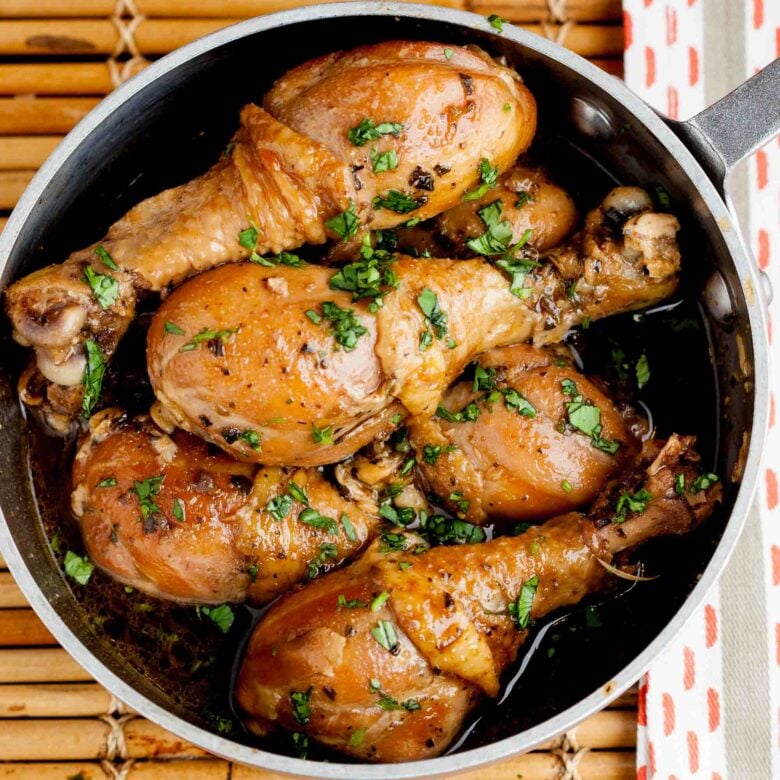 Overhead shot of a pan with homemade Chinese braised chicken.