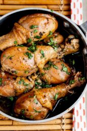 Overhead shot of a pan with homemade Chinese braised chicken.