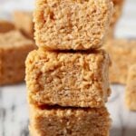 A closeup shot of a stack of three healthy rice krispie treat squares.
