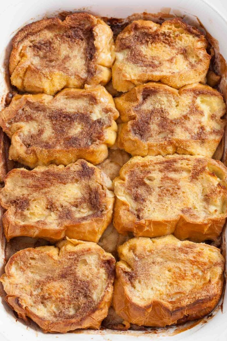 Overhead shot of a freshly baked apple french toast casserole.