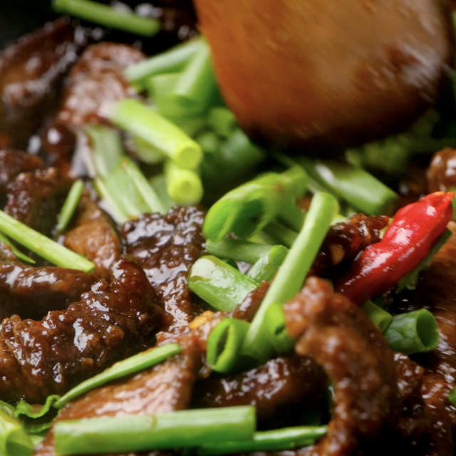 Closeup shot of freshly made monglian beef.