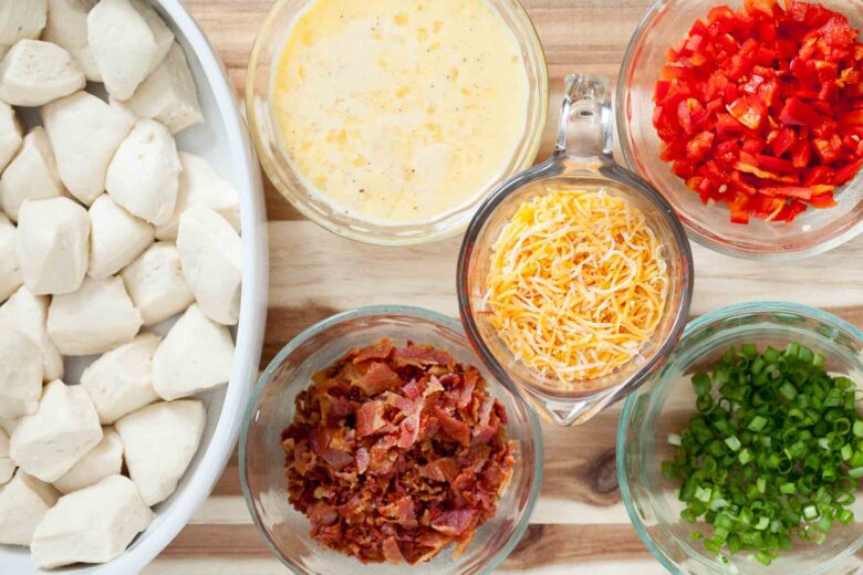 Overhead shot of ingredients to make bacon bread at home.
