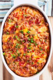 Overhead shot of a baking dish with freshly baked bacon bread.