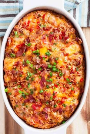 Overhead shot of a baking dish with freshly baked bacon bread.