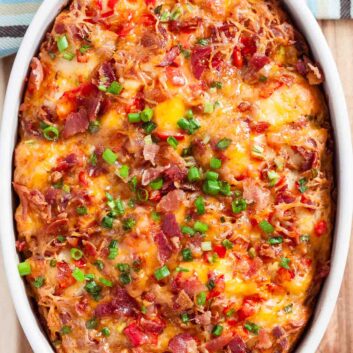 Overhead shot of a baking dish with freshly baked bacon bread.
