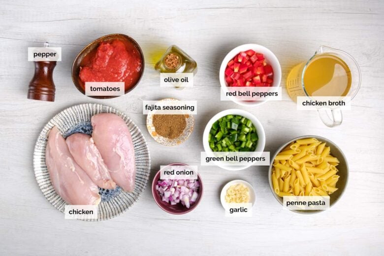 Overhead shot of ingredients to make chicken fajita pasta at home.
