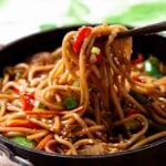 lo mein noodles in a pan.