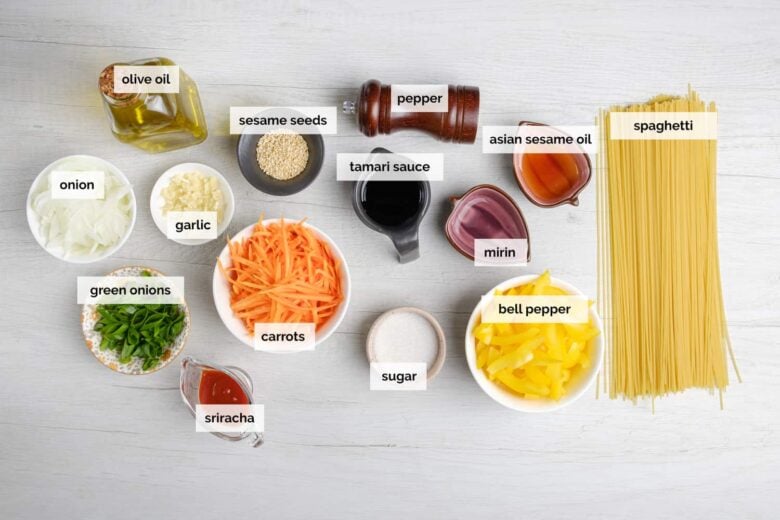 Overhead shot of ingredients to make lo mein noodles at home.
