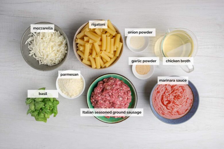Baked rigatoni ingredients with meat and pasta. 