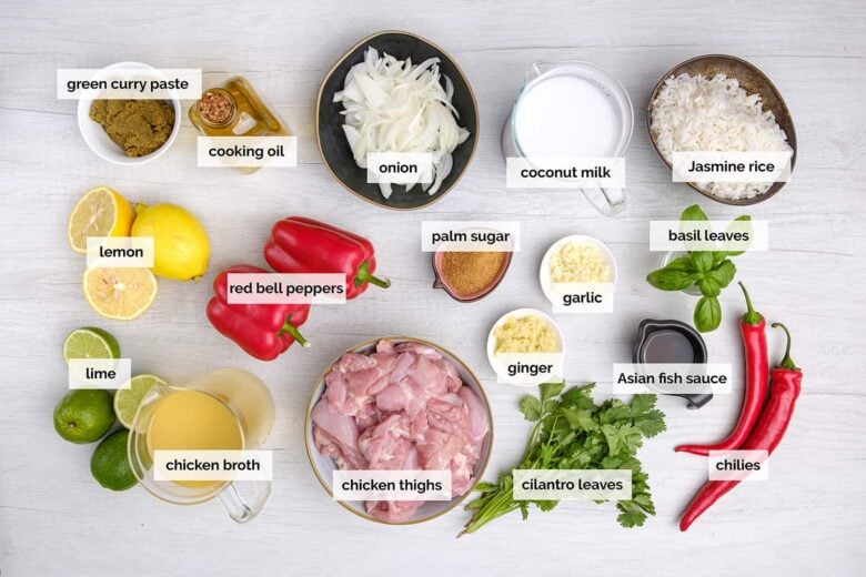 Overhead shot of thai curry chicken ingredients.