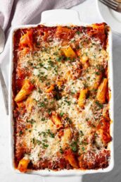 baked rigatoni in a dish.