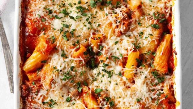 baked rigatoni in a dish.