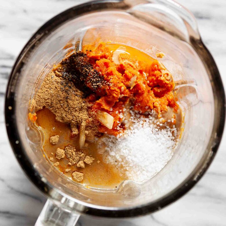 Pumpkin hummus ingredients in a blender, 