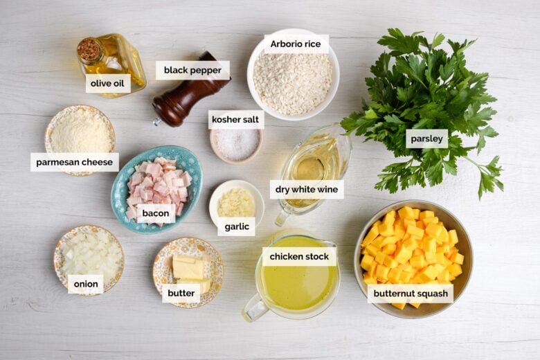 Overhead shot of ingredients to make butternut squash risotto at home.