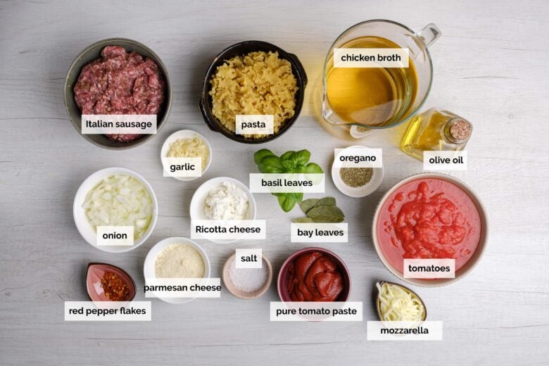 Overhead shot of ingredients to make easy lasagna soup at home.