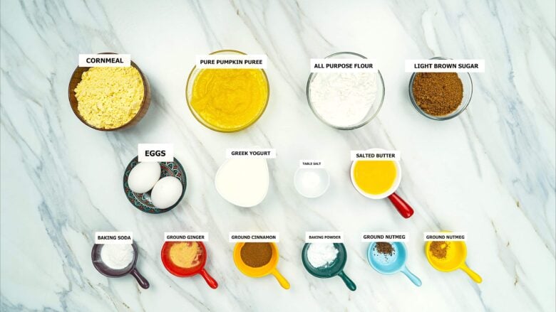 Overhead shot of ingredients to make pumpkin cornbread.