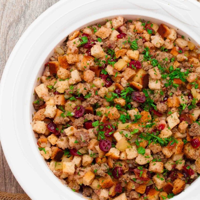 Overhead shot of a serving plate with cranberry stuffing.