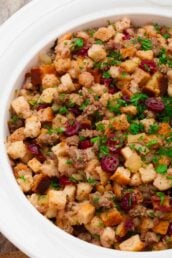 Overhead shot of a serving plate with cranberry stuffing.