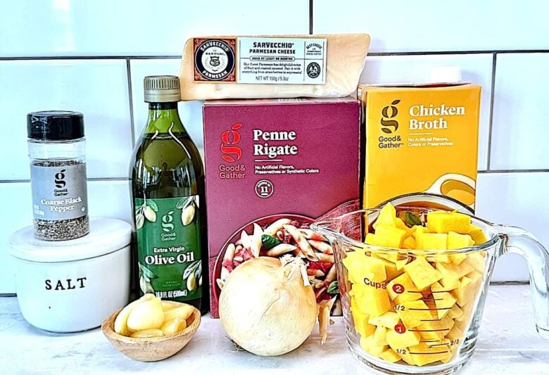 butternut squash pasta ingredients including penne pasta, olive oil, garlic, and parmesan.