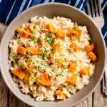 butternut squash risotto in a bowl.