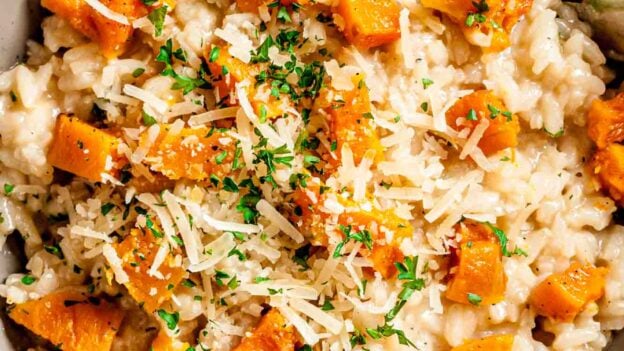 butternut squash risotto in a bowl.