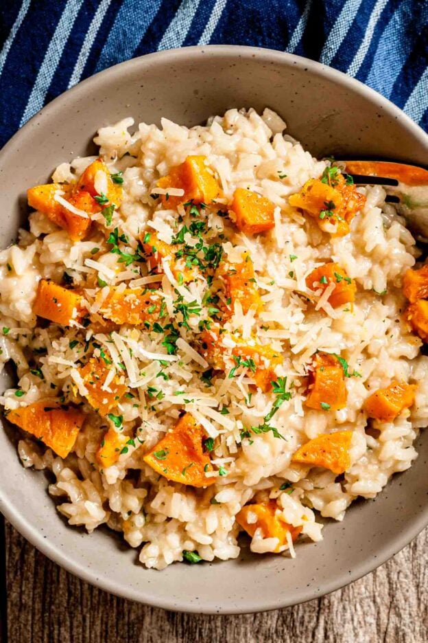 butternut squash risotto in a bowl.