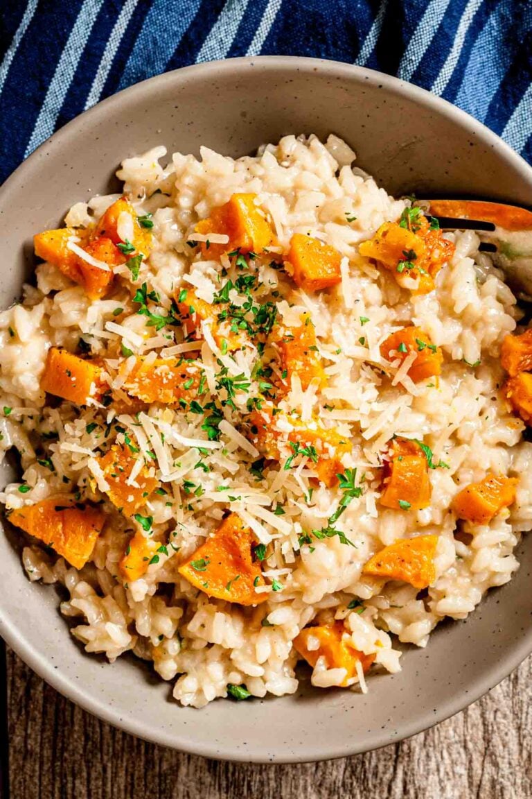 butternut squash risotto in a bowl.