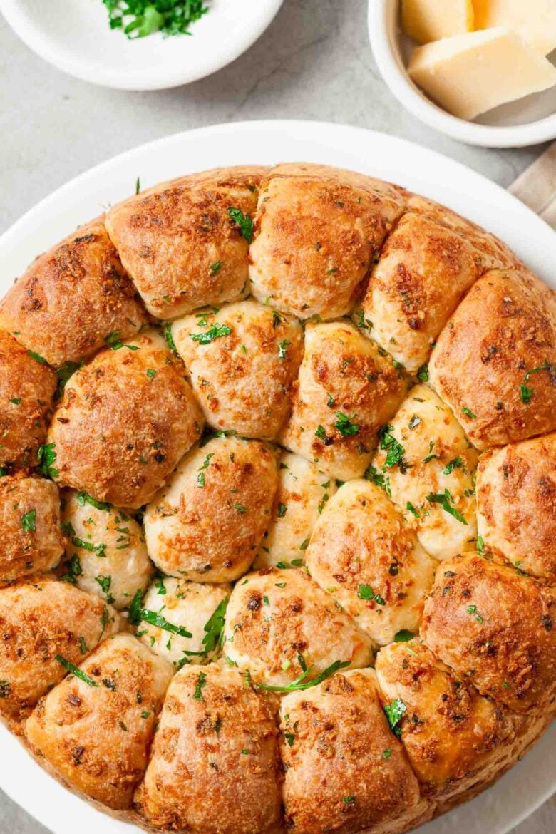 Overhead shot of freshly baked pull-apart rolls.