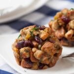 Closeup shot of stuffing muffin with dried cranberries and herb seasoned cubed stuffing.